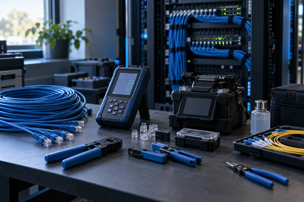 Illustrative network testing workbench with cabling and field tools