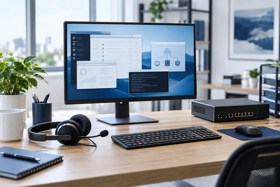 IT support workstation with monitor and headset; illustrative image