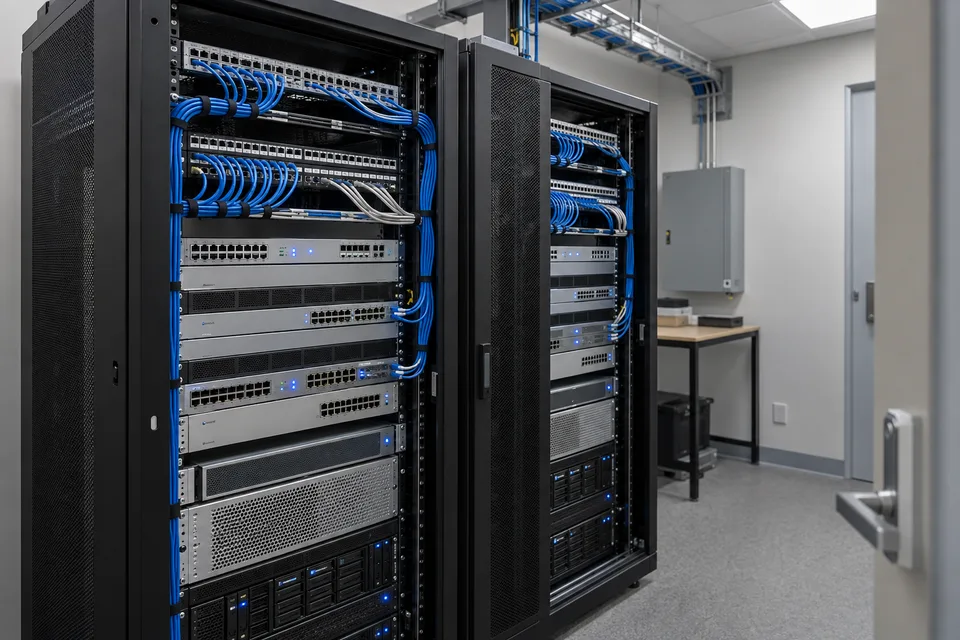 Organized cabling in network racks; illustrative image