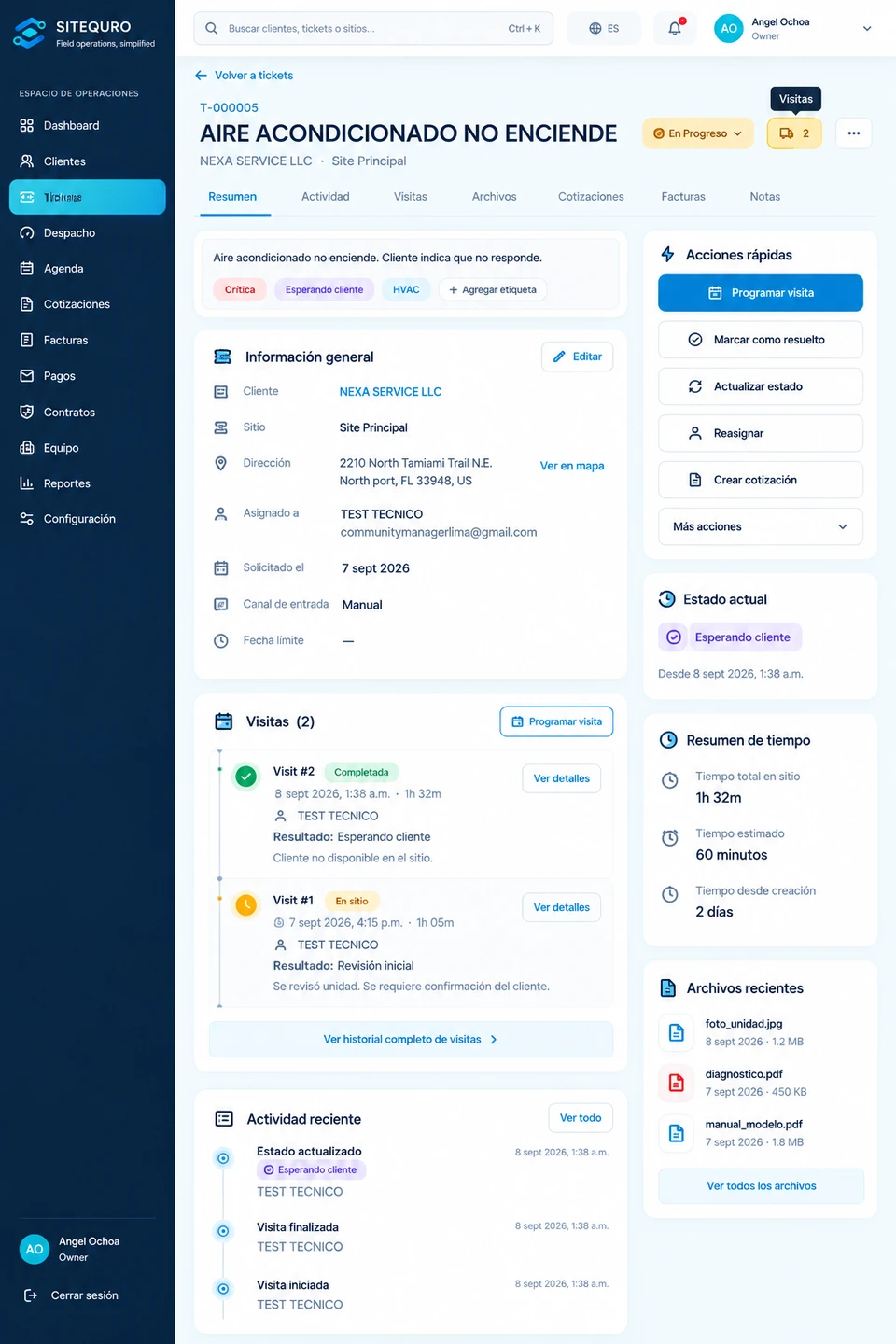 SiteQuro Ticket detail screen, interface in Spanish